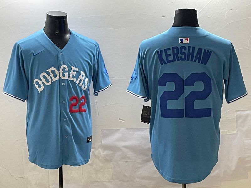 Men Los Angeles Dodgers #22 Kershaw Light Blue Joint Name 2025 Nike MLB Jersey style 21